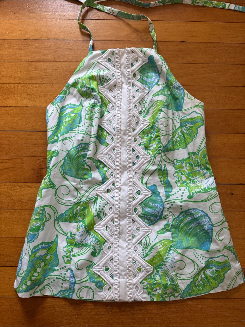 Lilly Pulitzer Green & Blue Shell-Print Halter Top with White Crochet Trim